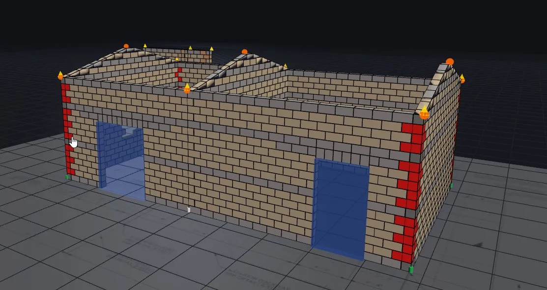 MasonryX render of a pump station building showing rakes, bond beam course, and red corner blocks interlocking through running bond