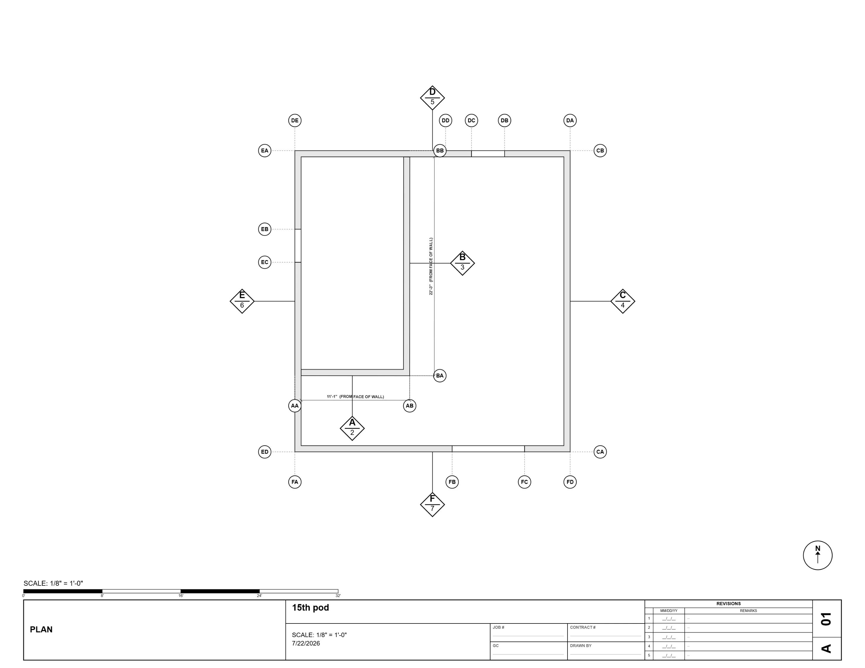 Masonry shop drawing sheet A01 — foundation plan of the 15th pod, walls dimensioned face-of-wall with elevation call-outs A through F keyed around the perimeter.