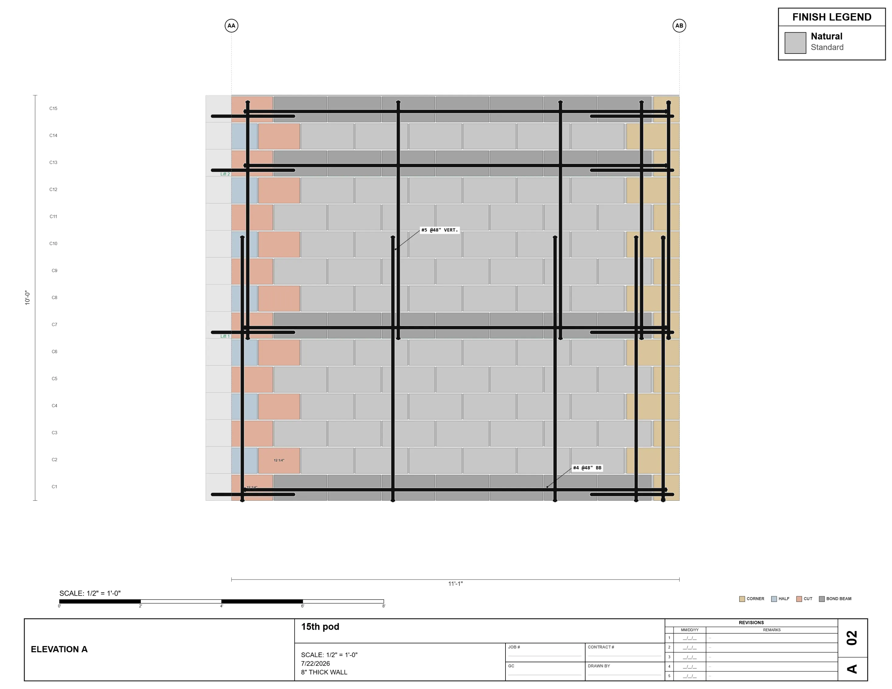 Masonry shop drawing sheet A02 — Elevation A, an 11'-1" wall with a legend color-coding every unit as corner, half, cut, or bond beam, courses numbered C1–C15 with grout lift lines and vertical reinforcing shown in position.