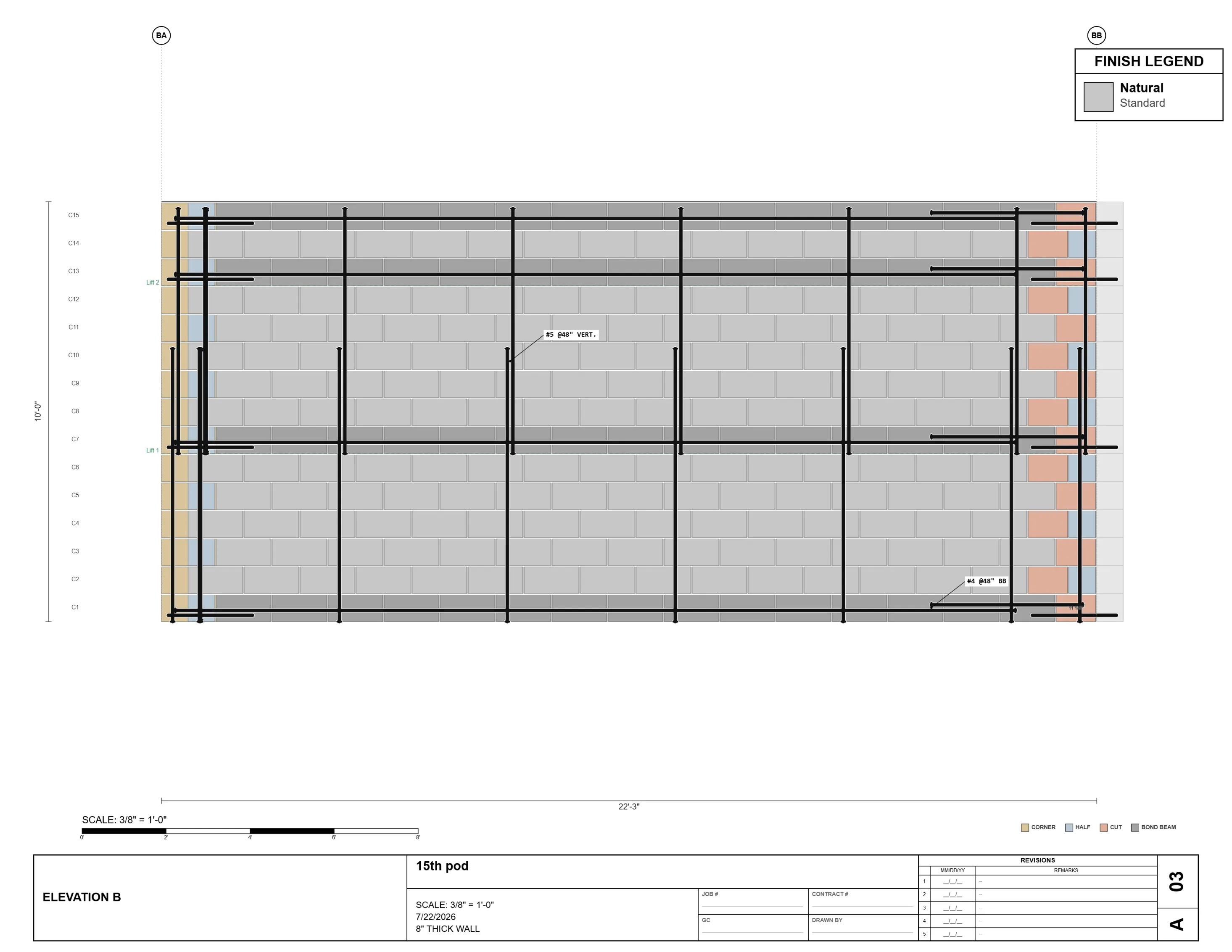 Masonry shop drawing sheet A03 — Elevation B, a 22'-3" wall in running bond with corner and cut units tagged, two bond beam courses, and vertical bars called out #5 @ 48" on center.