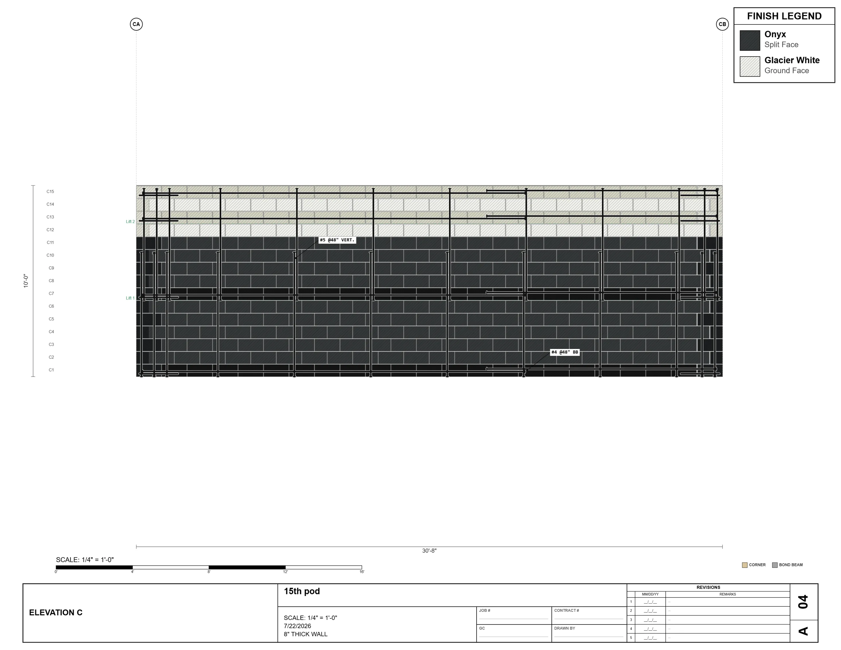Masonry shop drawing sheet A04 — Elevation C, a 30'-8" wall showing the split face to ground face finish transition, onyx below and glacier white above, with bond beam courses and vertical reinforcing.