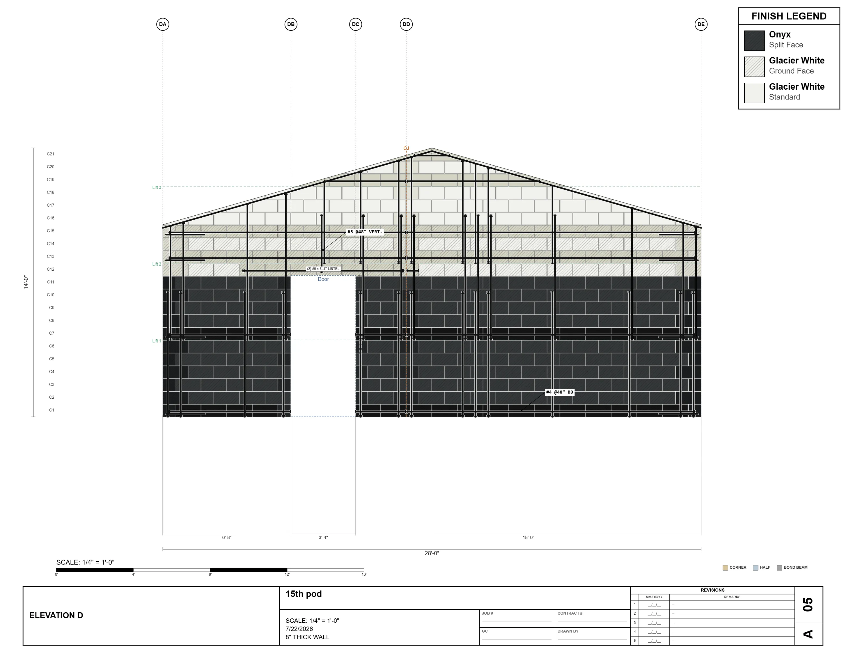 Masonry shop drawing sheet A05 — Elevation D, a 28'-0" gable end wall with rake coursing stepping up both slopes, a door opening with a (2) #5 lintel, split face to ground face finish transition, corner units, bond beam courses, vertical reinforcing, and a control joint carried through the peak, courses numbered C1–C21 over three grout lifts.