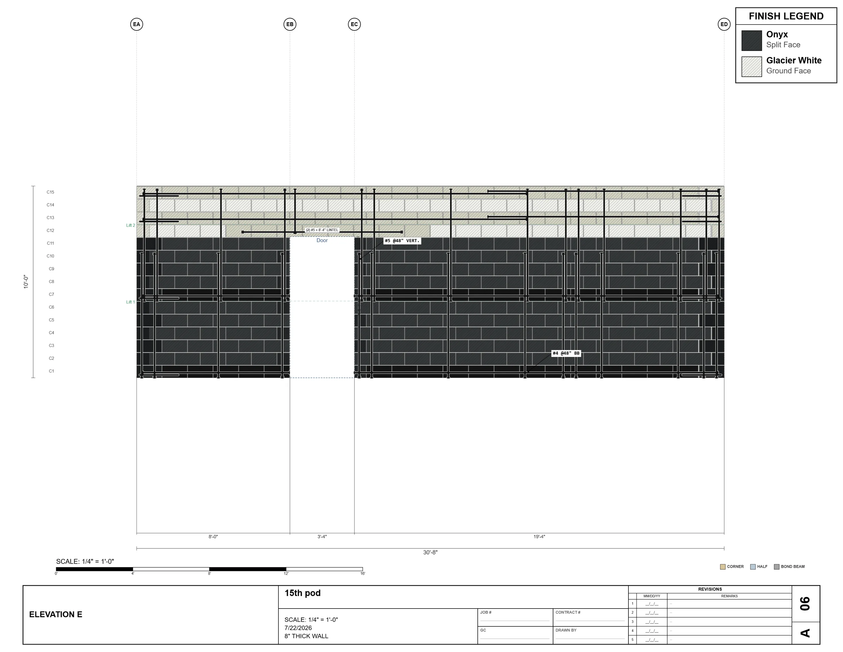 Masonry shop drawing sheet A06 — Elevation E, a 30'-8" wall with a door opening and lintel, split face to ground face finish transition, bond beam courses, and vertical reinforcing in position.