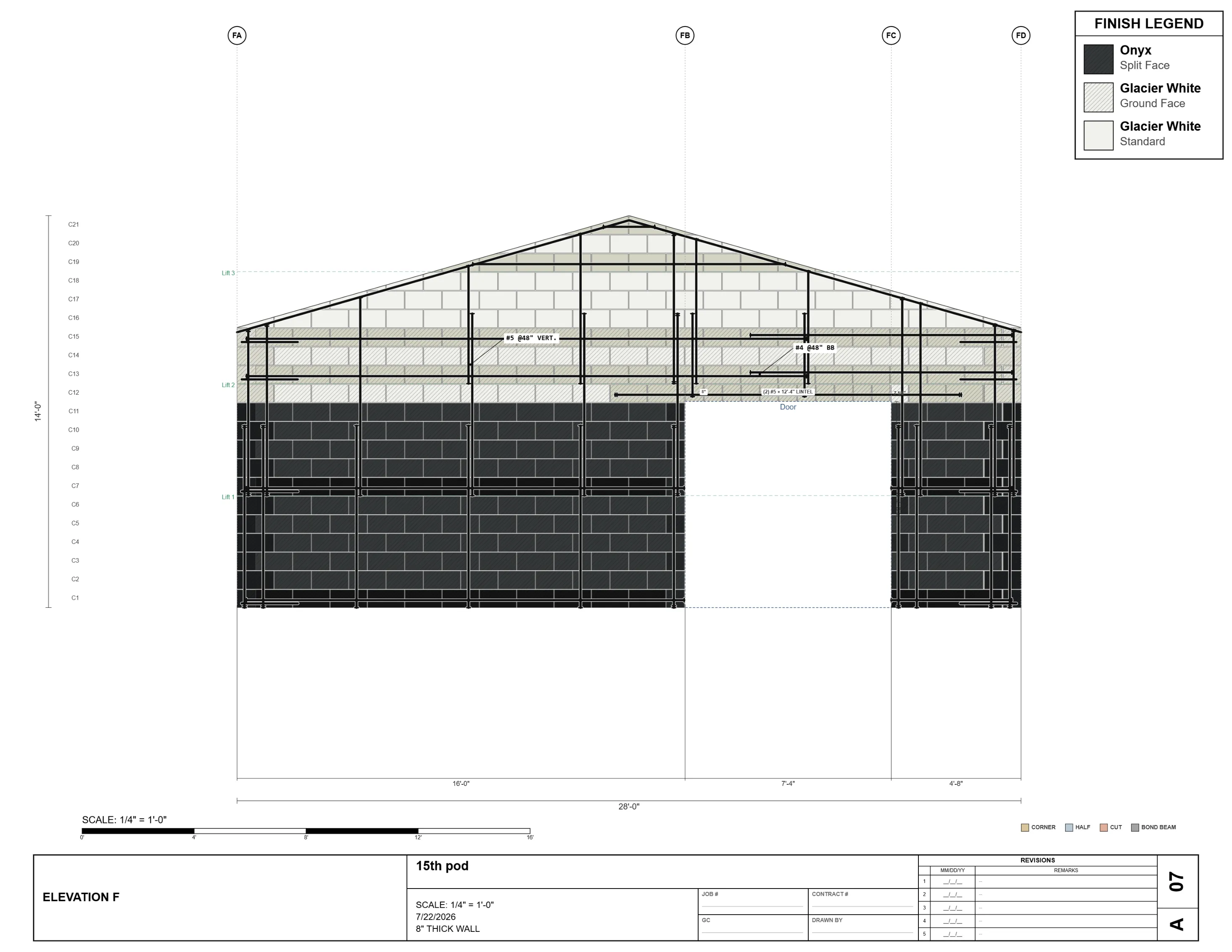 Masonry shop drawing sheet A07 — Elevation F, a 28'-0" gable end wall with rake coursing, an offset door opening with a (2) #5 lintel, split face to ground face finishes, bond beam courses, and vertical reinforcing.