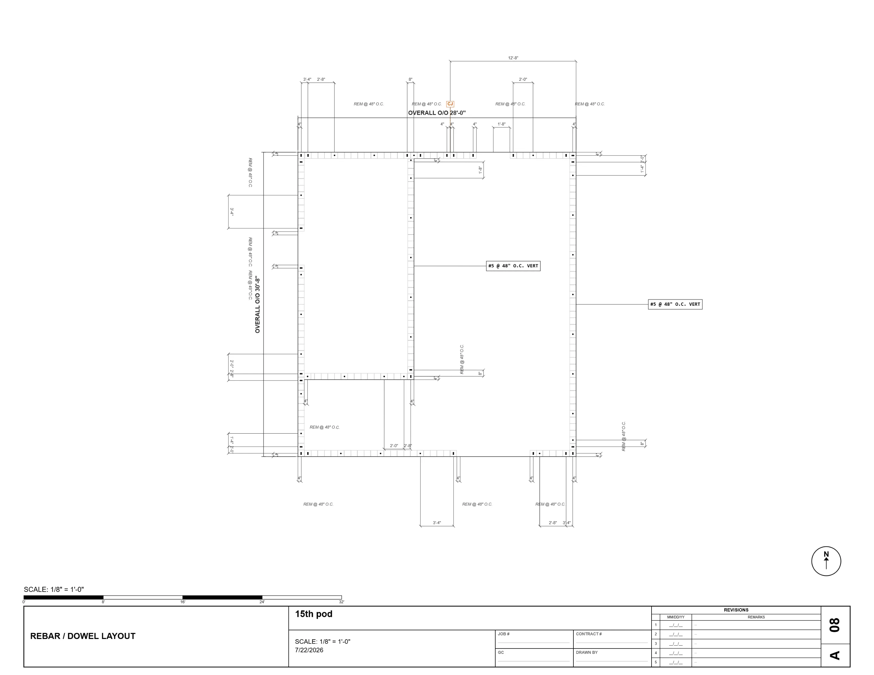 Masonry shop drawing sheet A08 — rebar and dowel layout plan, vertical reinforcing at #5 @ 48" on center with dowels and bond beam steel located around the building perimeter.