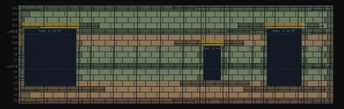Masonry shop drawing elevation rendered in The Masonry Modeler — labeled door openings, numbered courses, bond beam courses, control joints, and split face and ground face finish bands