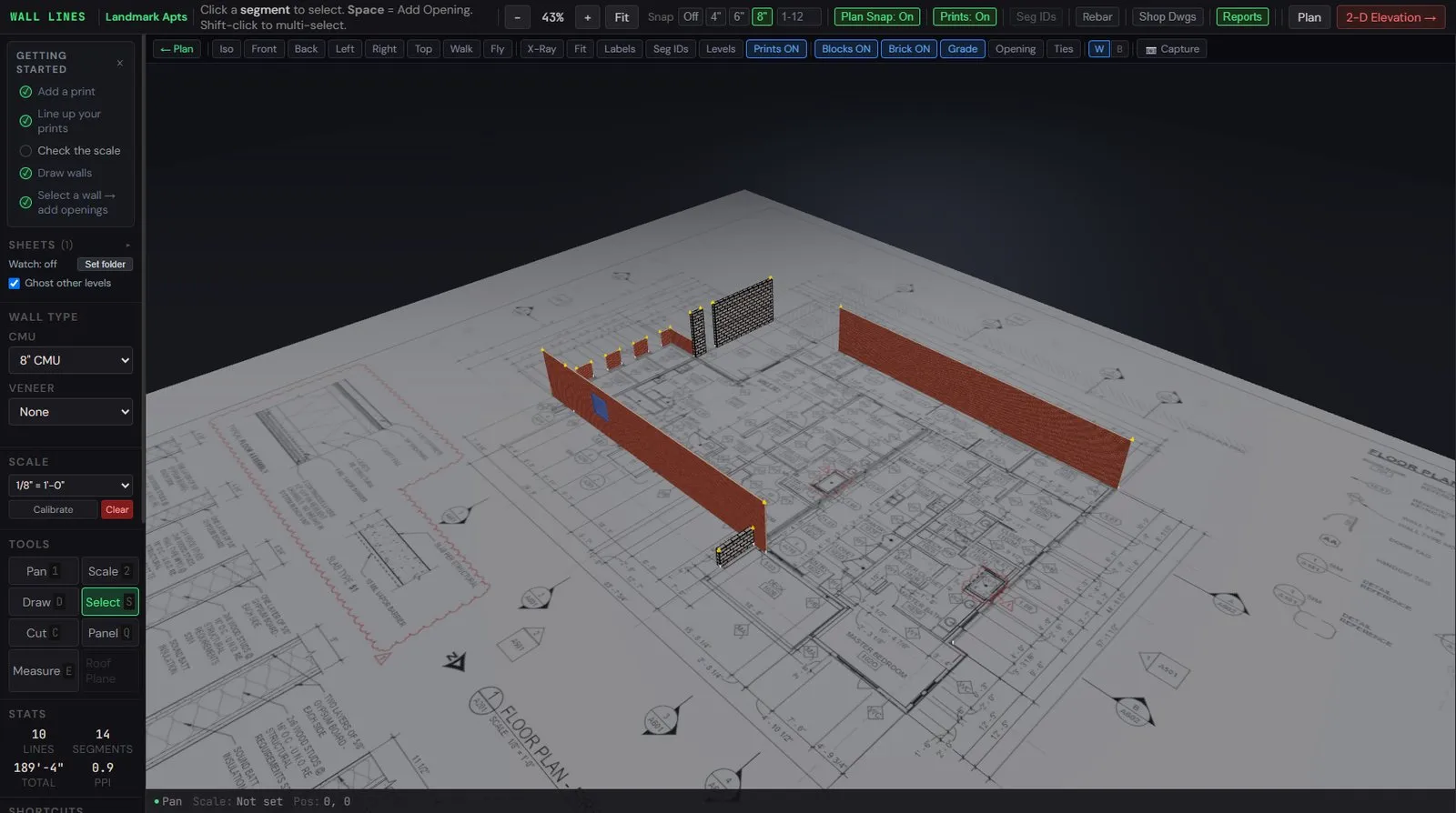 TMM 3D view — CMU and brick walls standing up out of the flat floor plan in realistic
            brick-red and block-gray, with openings and ties in place and the plan ghosted underneath