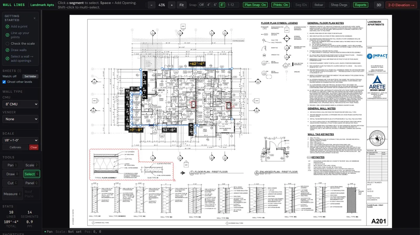 The Masonry Modeler plan view: an architect's floor plan loaded as a print with walls traced over it in blue, 8-inch CMU wall type selected, and live segment stats